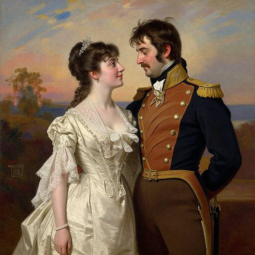 Classical painting of a mustached man in military uniform gazing at a fair-skinned woman in an elegant white lace gown, standing close against a