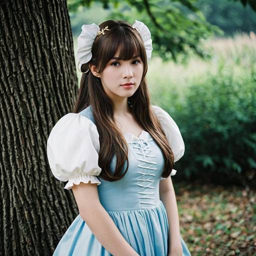 Young Woman in Blue Dress Cosplay Outdoors