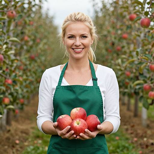 Photograph of a smiling blonde woman with fair skin, wearing a green apron over a white shirt, holding a pile of red apples in an apple
