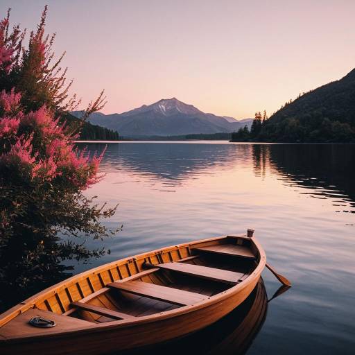 Wooden Boat on Serene Mountain Lake at Dusk