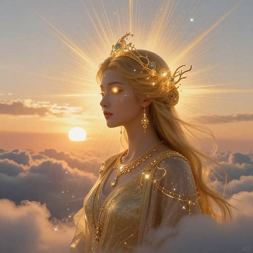 Digital art of a radiant blonde queen with glowing eyes, gold crown, and ornate dress, standing among clouds at sunset.