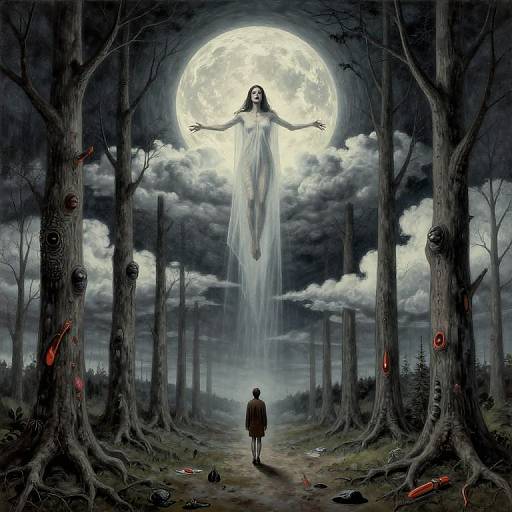 Digital painting: Pale ghost woman with outstretched arms floats above full moon, towering over small, cloaked figure in eerie forest.