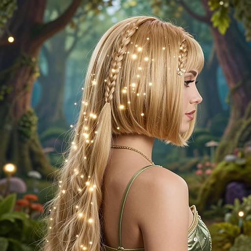 Photograph-style digital artwork: Blonde woman with braided hair and glowing fairy lights, wearing a green dress, in a lush, enchanted forest.