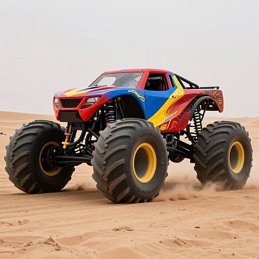 Photograph of a vibrant red and blue monster truck with large yellow-rimmed tires, driving on sandy desert terrain, kicking up dust.