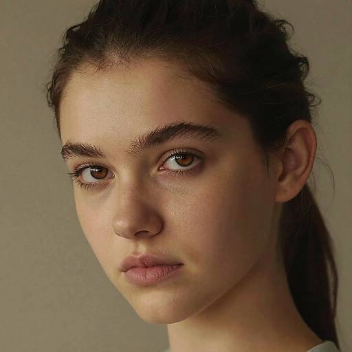 Close-up photograph of a young woman with fair skin, brown eyes, dark brown hair in a ponytail, and neutral expression against a plain gray background
