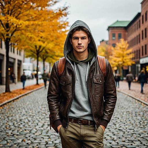 Young Man in Brown Leather Jacket on Autumn Street