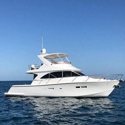 Photograph of a sleek, white, modern yacht with multiple decks, sailing on calm, dark blue ocean under clear blue sky.
