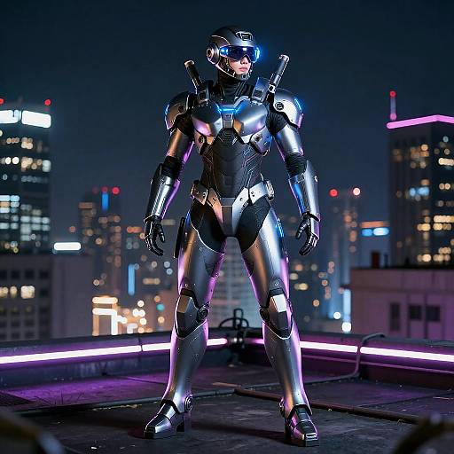 CGI image of a futuristic, silver and black armored robot standing on a rooftop at night, with neon city lights in the background.