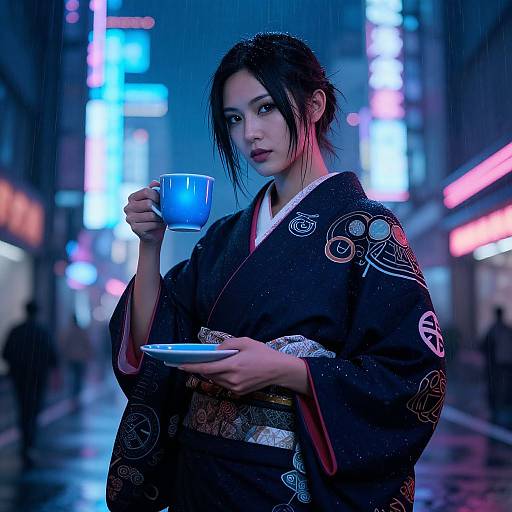 Photograph of an Asian woman in a black, ornate kimono holding a blue cup, standing in a neon-lit, rainy urban street.