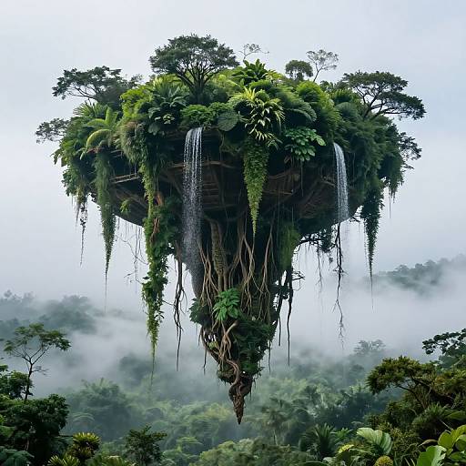 Photograph of a lush, floating island in a misty, dense rainforest, featuring tall trees, hanging vines, and cascading waterfalls.
