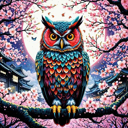 Electric Colorful Owl Among Cherry Blossoms