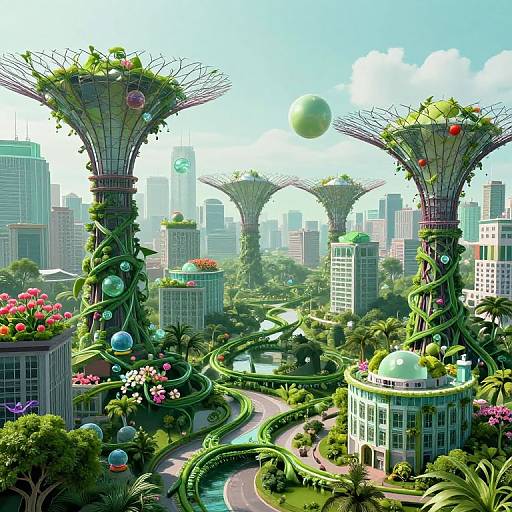 Digital artwork of a futuristic cityscape featuring towering, green, plant-covered skyscrapers with floating orbs and winding vines, surrounded by lush gardens and vibrant