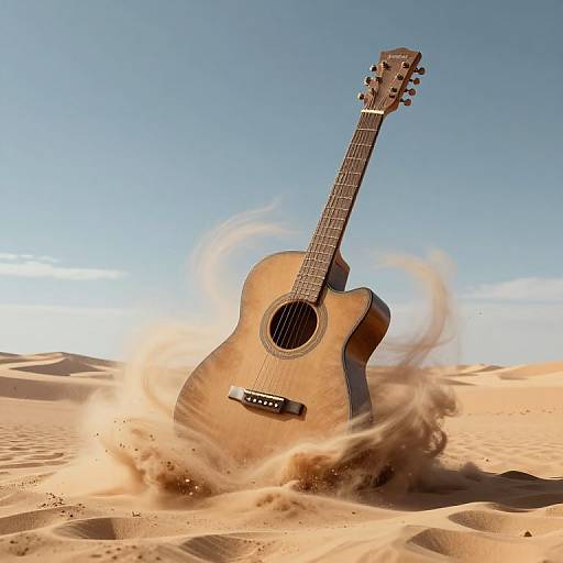 Photograph of a wooden acoustic guitar being forcefully pushed into golden sand dunes under a clear blue sky, with sand swirling around it.