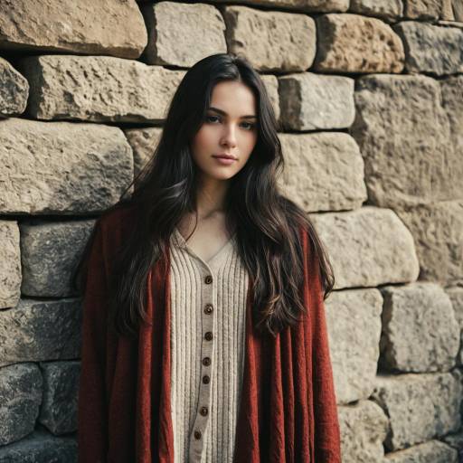 Young Woman in Cardigan Standing by Stone Wall
