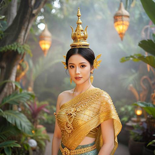 Photograph of an Asian woman with fair skin, black hair, wearing an ornate gold traditional Thai costume, crown, and jewelry, standing in a