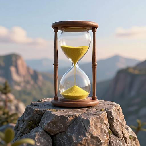 Photograph of a wooden hourglass with yellow sand, set on a rocky mountain peak against a blurred mountainous landscape.