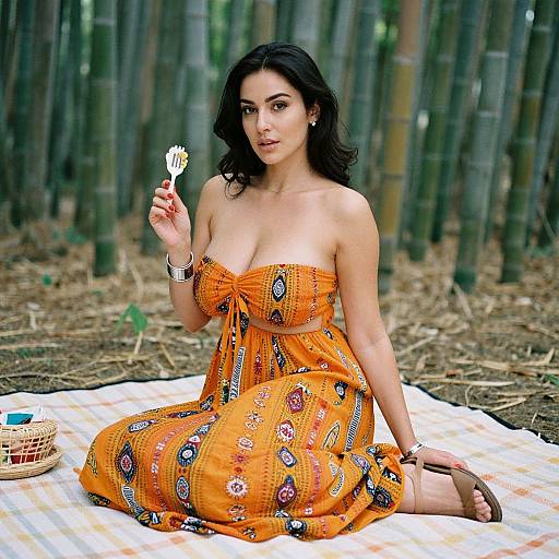 Woman in Ethnic Orange Dress Picnic