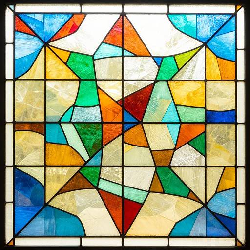 Vibrant stained glass window with a colorful, abstract pattern of triangles and squares in red, blue, green, orange, and yellow.