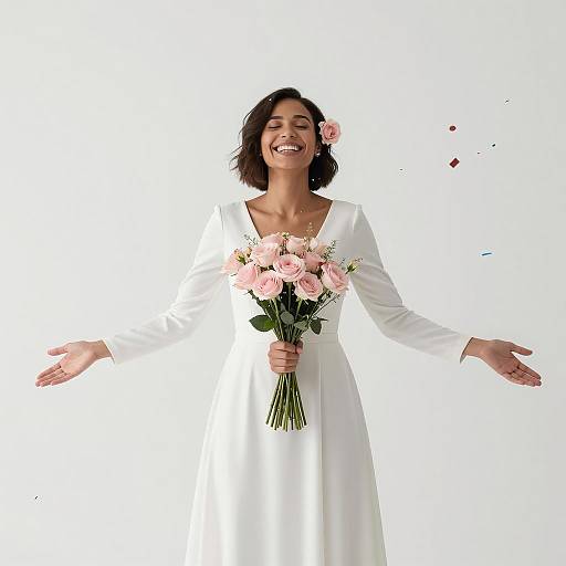 Joyful Bride in White Dress with Bouquet