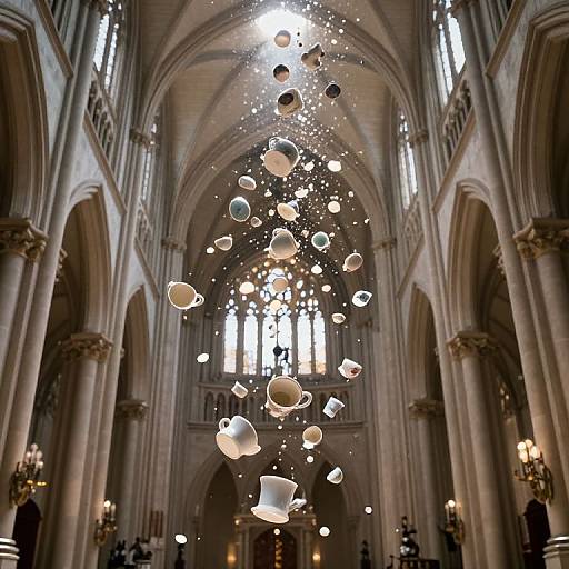 Photograph of a grand cathedral interior with soaring arches and tall columns, illuminated by sunlight streaming through high windows. Floating above are numerous translucent, bubble