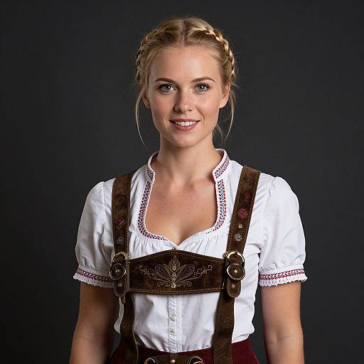 Photograph of a smiling blonde woman with braided hair, wearing a white blouse and brown Bavarian-style dirndl with embroidered details, set against a