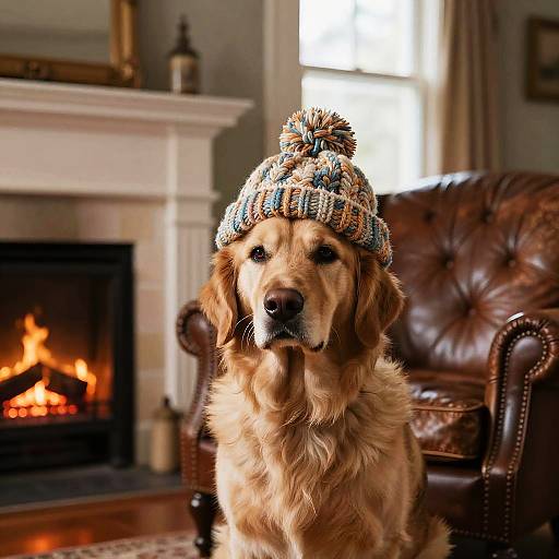 Golden retriever wearing colorful, knitted beanie with pom-pom, sitting in cozy living room with lit fireplace, brown leather chair, and white