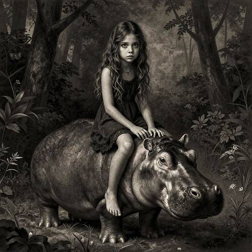 Black-and-white photograph of a young girl with long, wavy hair sitting on a large hippo in a forest. She wears a dark dress,