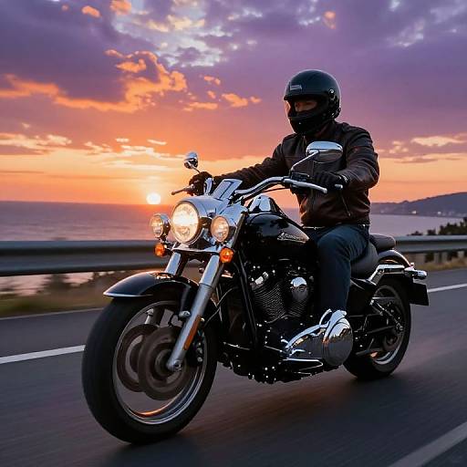 Photograph of a motorcyclist in black gear riding a shiny black motorcycle at sunset, with vibrant orange and purple clouds in the background.