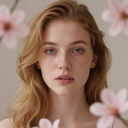 Photorealistic portrait of a fair-skinned, red-haired woman with blue eyes, surrounded by soft-focus pink cherry blossoms, against a neutral gray