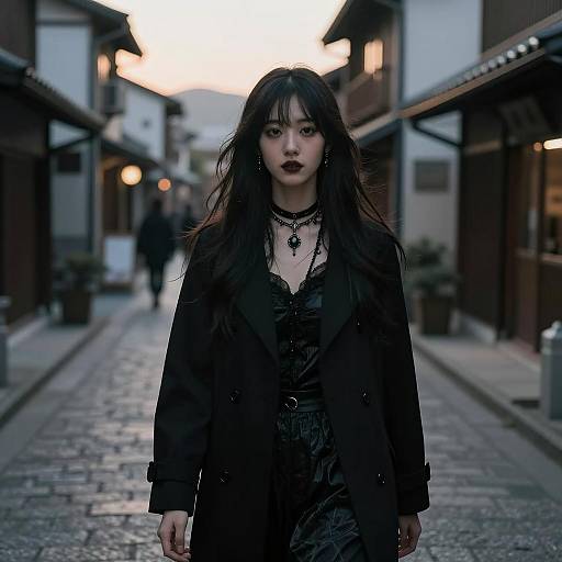 Woman in Black Coat Walking on Old Town Street