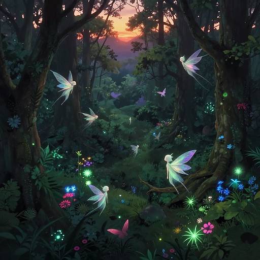 Digital fantasy art: Enchanted forest at sunset, glowing fireflies with translucent wings, colorful bioluminescent flowers, and ethereal fairy-like