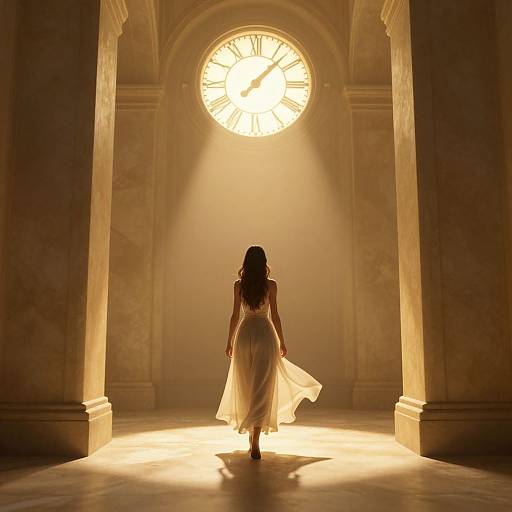 Photograph: Silhouette of a woman with long hair in a flowing white dress, standing in a sunlit, ancient stone hallway with a large clock