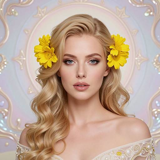 Photorealistic digital portrait of a blonde woman with wavy hair, adorned with yellow flowers, wearing an off-shoulder lace top, against a