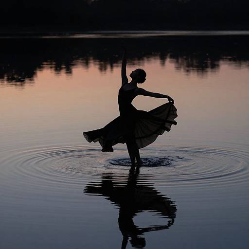 Silhouetted ballerina in flowing dress, standing on one leg, arm raised, ripples in calm water, dusk sky with pink and
