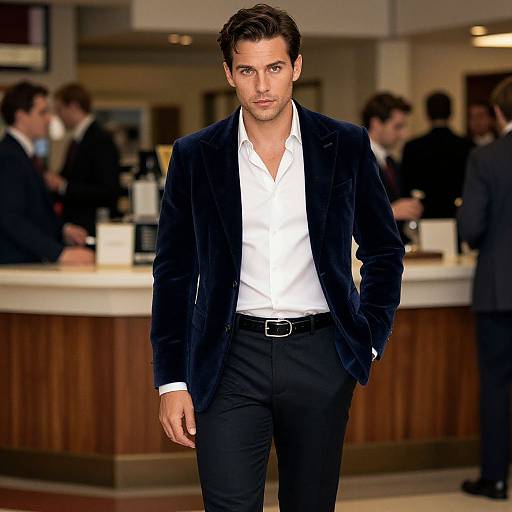 Photograph of a handsome man with short dark hair, wearing a navy velvet blazer, white shirt, and black pants, walking confidently in a modern