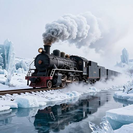 Photograph of a black steam locomotive with smoke, traveling through a snowy, icy landscape with a reflective frozen river.