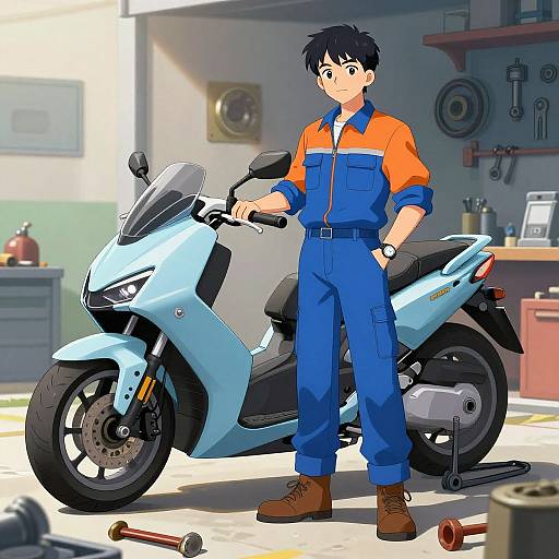 Anime Style Young Mechanic with Futuristic Bike