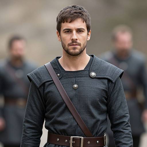 Photograph of a serious, bearded man with short dark hair, wearing a textured black medieval shirt and brown belt, with blurred soldiers in the background