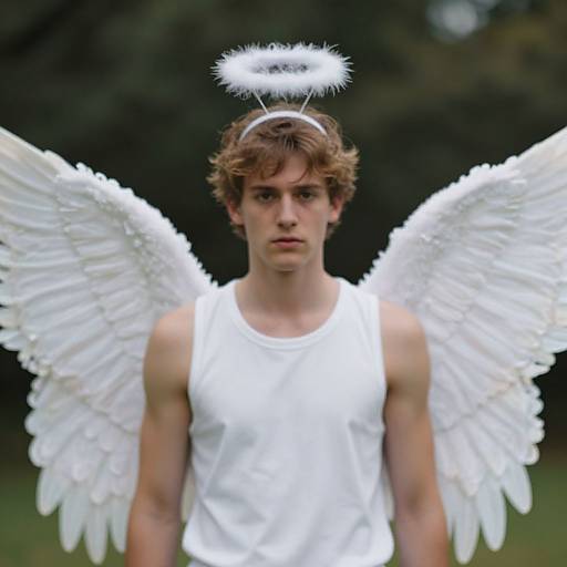 Photograph of a young man with curly brown hair, white angel wings, halo, and white tank top, standing serious in a green outdoor background.