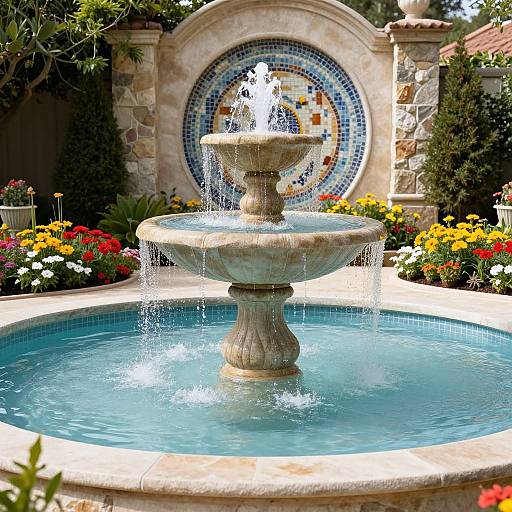 Photograph of a stone fountain with water splashing into a circular blue pool, surrounded by colorful flowers, in a lush garden with a mosaic-tiled