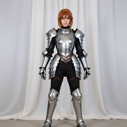 Photograph of a red-haired woman in full silver medieval armor, standing against a white curtain backdrop, with a serious expression.