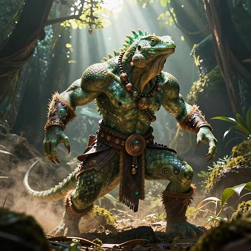 Digital art of a muscular, green-scaled, anthropomorphic lizard warrior in a jungle, wearing leather armor with spikes, standing in sunlight.