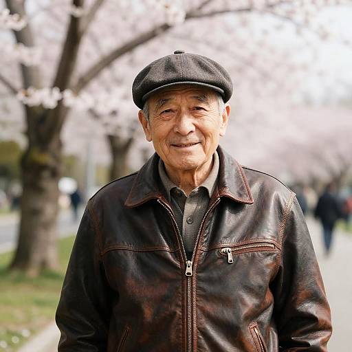 Elderly Man on Cherry Blossom Promenade