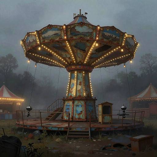 Abandoned Vintage Carnival Ride in Foggy Twilight