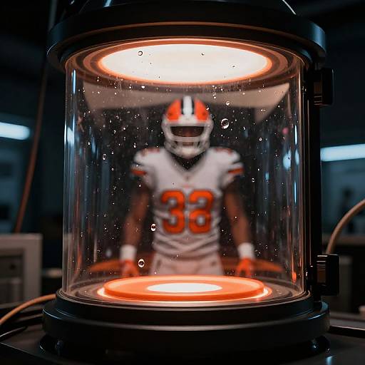Photograph of a football player in a white and orange uniform, helmet, and gloves, standing inside a clear, illuminated glass cylinder with water droplets