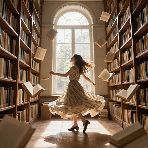 Photograph of a woman in a flowing, patterned dress, dancing in a sunlit library, books flying through the air, arched window in