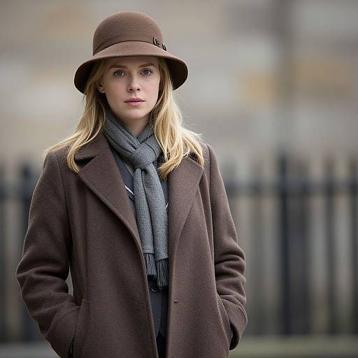 Photograph of a blonde woman with blue eyes, wearing a brown hat, brown coat, and gray scarf, standing outdoors against a blurred iron fence.