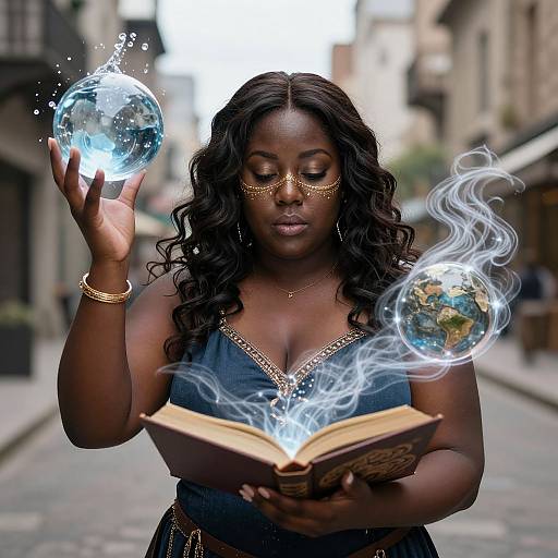 Photograph of a dark-skinned woman with curly hair, wearing a black dress with gold trim, holding a glowing book and orbs, in a blurred