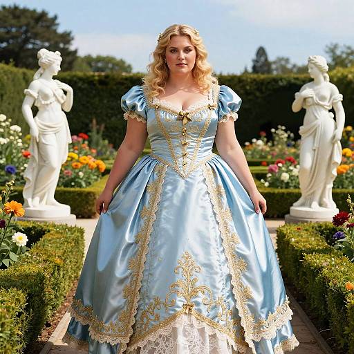 Plus-Sized Woman in Blue Satin Dress in Garden
