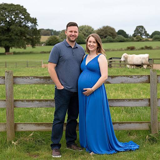 Pregnant woman in a blue dress and smiling man in a gray polo stand together by a wooden fence in a green pasture with cows. (Phot